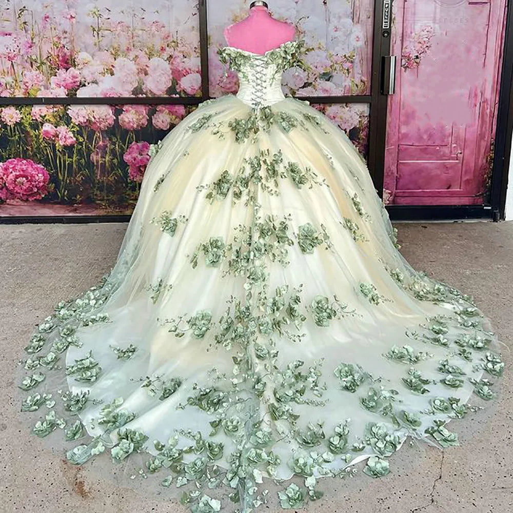 light green quince dresses Quinceanera Sweet 16 Pageant 3D Floral Beaded Prom Ball Gown Sage Color Length Dreamyannie UK Gorgeous Ball Gown