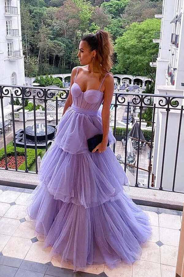 Straps Light Purple Tulle Ruffle A-line Long Prom HZ0308 main image 0