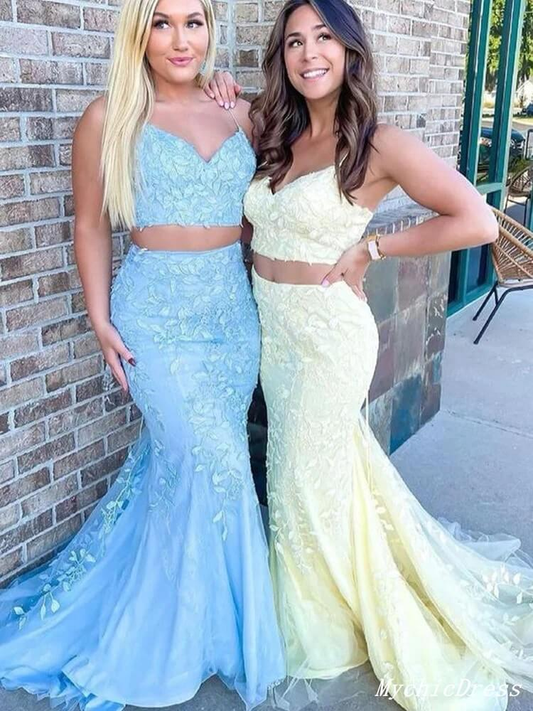 Hot Two Piece Lace Prom Dresses 2023 Mermaid Spaghetti Straps Cross Back