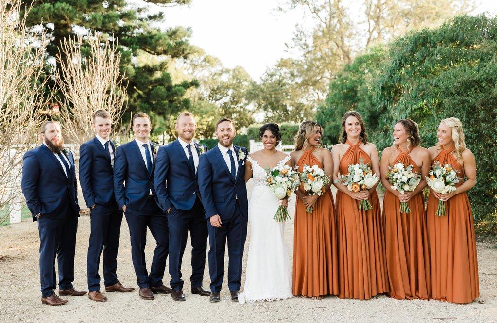 dusty blue and burnt orange bridesmaid dresses Burnt Orange and Dusty Blue Wedding