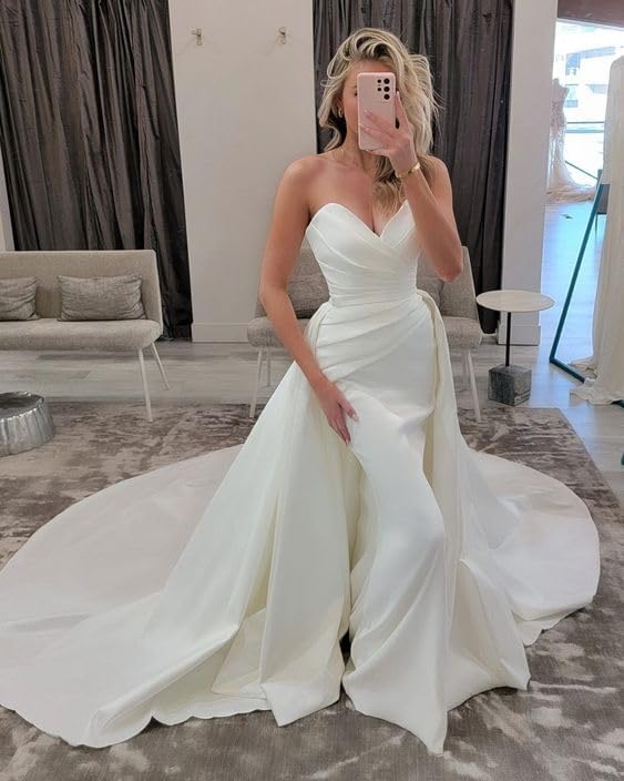 2 in 1 Convertible Wedding Dresses Detachable Skirts Satin V Neck US16W / White 2 in 1 Convertible Wedding Dresses Detachable Skirts Satin V Neck US16W / White