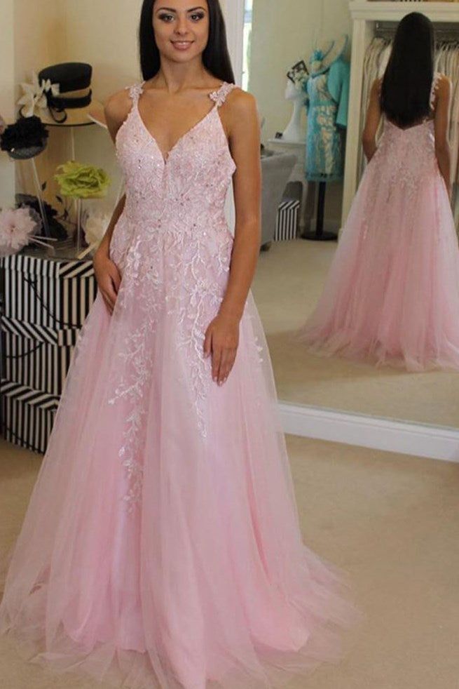 Pink Prom Dress Long V-neck Sleeveless A-line Tulle 2025 Pink Prom Dress Long V-neck Sleeveless A-line Tulle 2025