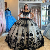 Ball Gown 15 Black Quinceanera Dresses Crystal With 3D Flowers Girl Birthday Dress MyChicDress