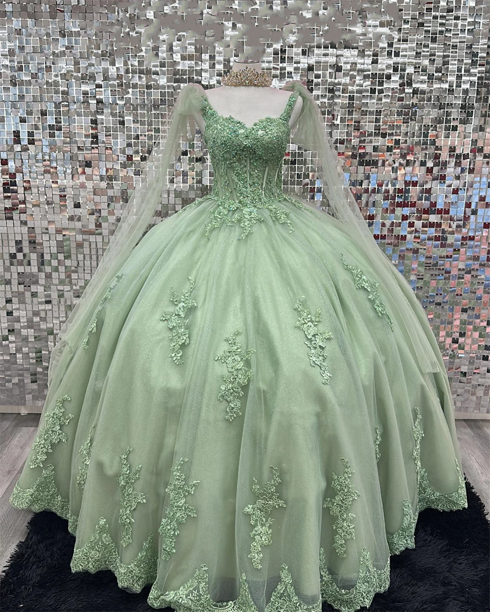 Elegant Ball Gown Strapless Straps Sleeveless Appliques Green Tulle Quinceanera Dresses for Sweet 16 16 / Dusty_Sage Elegant Ball Gown Strapless Straps Sleeveless Appliques Green Tulle Quinceanera Dresses for Sweet 16 16 / Dusty_Sage