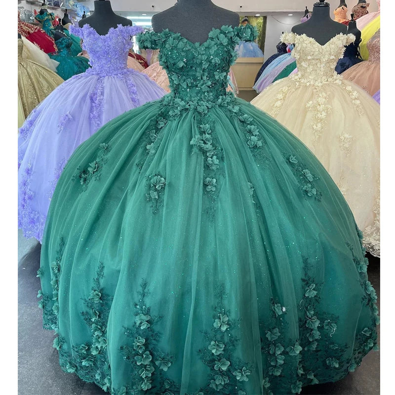2025 Turquoise Quinceanera Dresses 3D Flower Applique Vestidos De