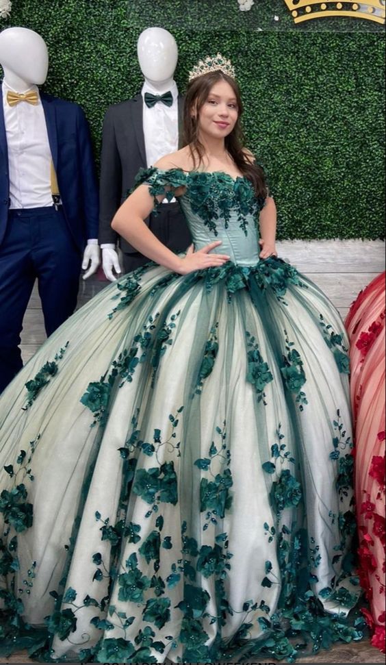 Green Nude Quince Dress 3D Flowers Pearls Sweet 16 Dresses Custom Size / Emerald Green Green Nude Quince Dress 3D Flowers Pearls Sweet 16 Dresses Custom Size / Emerald Green