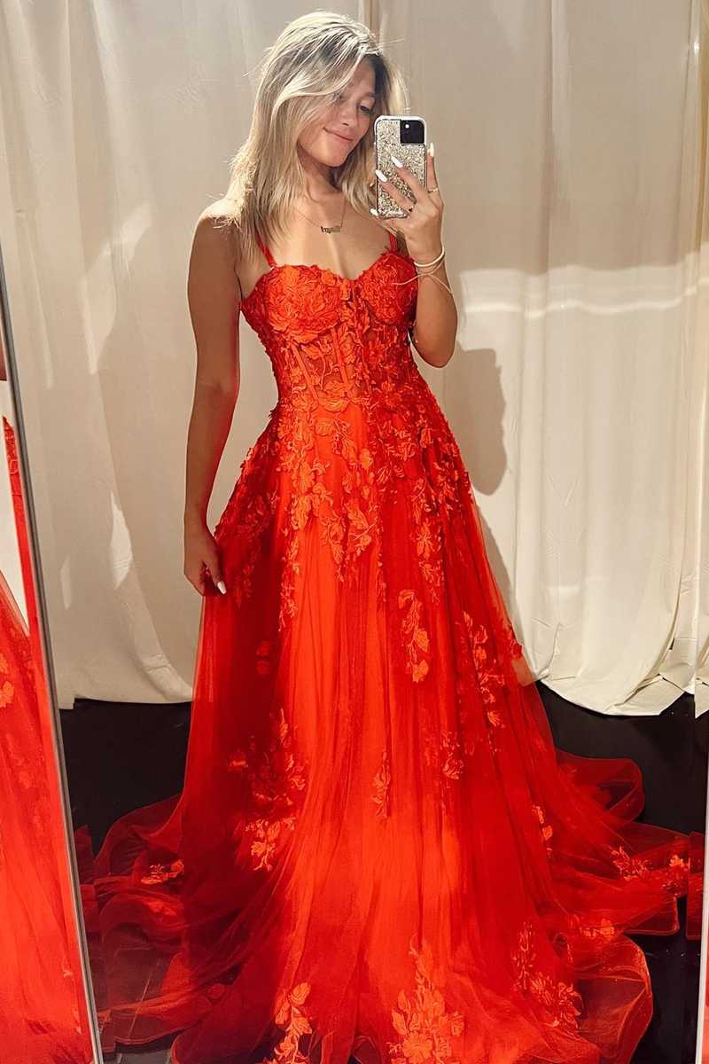 2025 Lace Red Formal Dress Corset Long Straps Evening Dress Appliques MyChicDress 2025 Lace Red Formal Dress Corset Long Straps Evening Dress Appliques MyChicDress