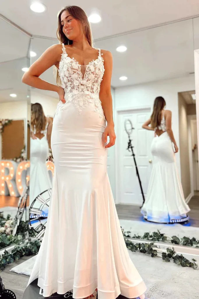 Long V Neck Mermaid Lace 2025 White Prom Dress Open Back Formal