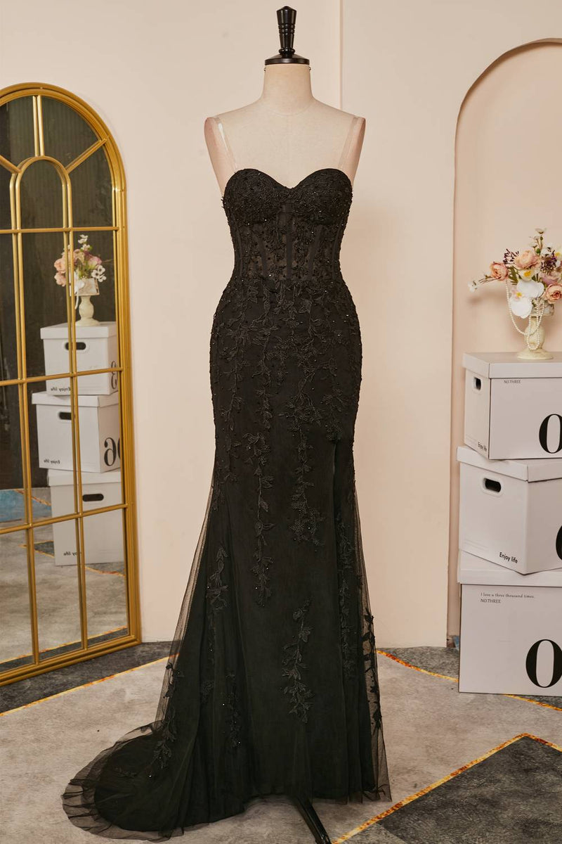 Mermaid Black Prom Dress 2025 Sweetheart Appliques Slit Long Evening Dress Black / US10 Mermaid Black Prom Dress 2025 Sweetheart Appliques Slit Long Evening Dress Black / US10