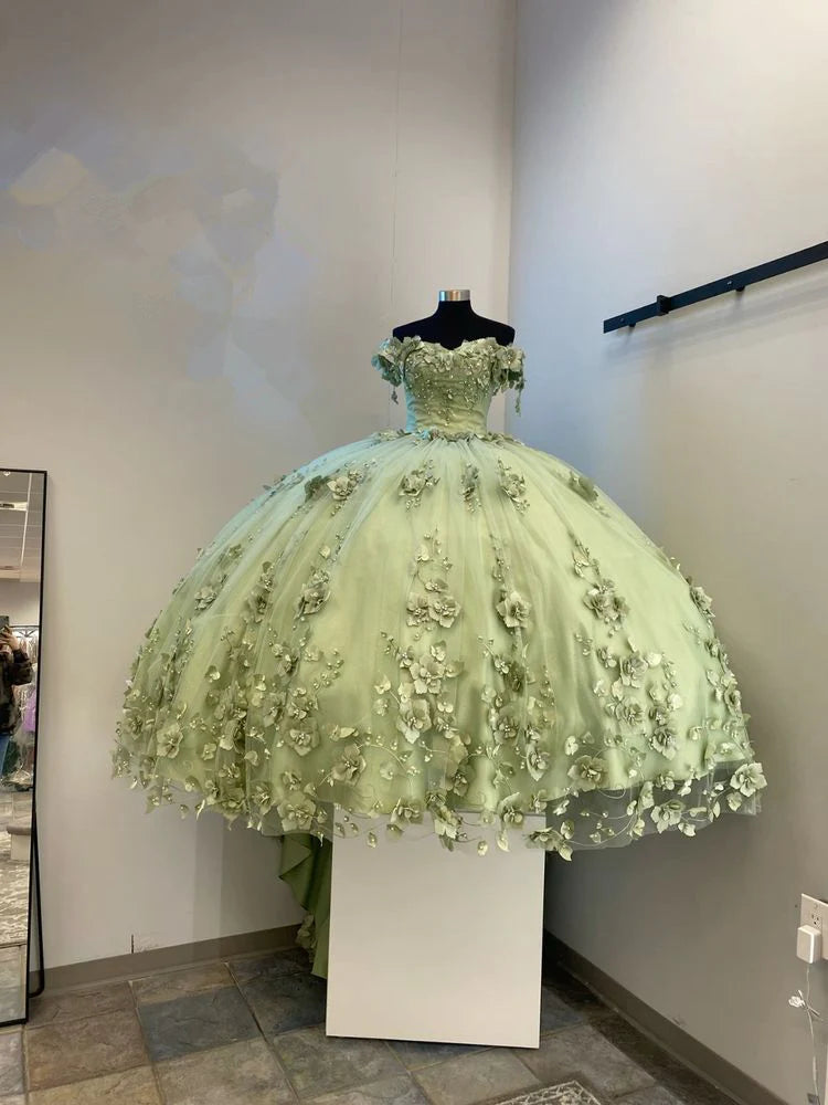 Off the Shoulder 3D Flowers Plus Size Sage Green Quinceanera Dresses MyChicDress Off the Shoulder 3D Flowers Plus Size Sage Green Quinceanera Dresses MyChicDress