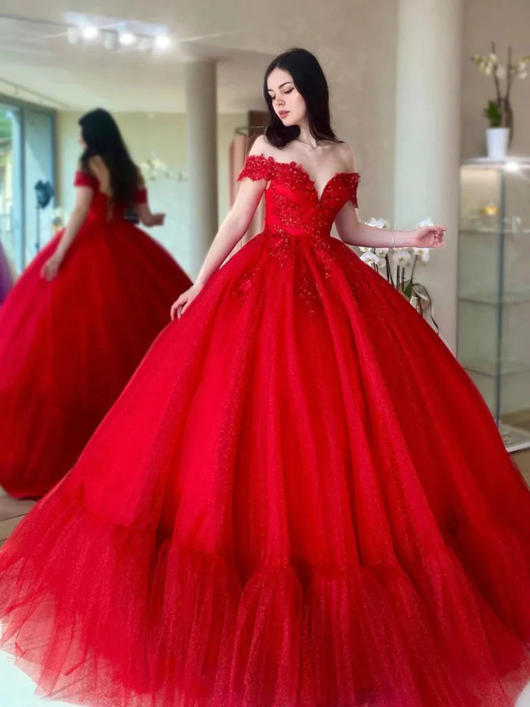 2025 Red Wedding Dresses Lace Off Shoulder Beaded Tulle Long Quince Dresses Sequin US14 Same As Picture
