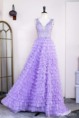 2024 Hot Lavender Lace Prom Dresses Layered V Neck Slit