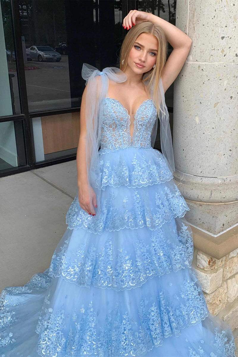 2025 Light Blue Layered Prom Dress Tiered Tie Staps Plunging Neck