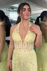 2024 Long Halter Mermaid Lace Yellow Prom Dresses