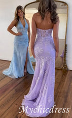 2024 Long Lace Prom Dress Violet purple Halter Evening Gown Fitted Slit
