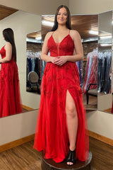 2024 Long Red Floral Prom Dresses Cheap Plunging V Neck Appliques