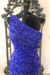 2024 One Shouder Royal Blue Prom Dresses Long Sequin Evening Dress