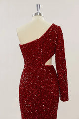 2024 One shoulder Sequins Burgundy Prom Dress Long Evening Dress uk