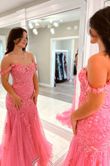2024 Pink Floral Lace Formal Dresses Mermaid Off-Shoulder