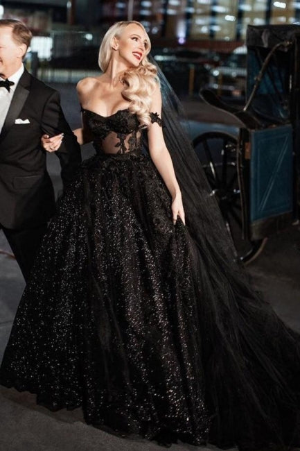 Off Shoulder Sparkly Sequins Gothic Black Wedding Dresses, Picture Color / 16 Off Shoulder Sparkly Sequins Gothic Black Wedding Dresses, Picture Color / 16