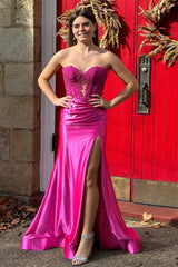 2024 Long Formal Dress Fuchsia Prom Dress Satin Strapless