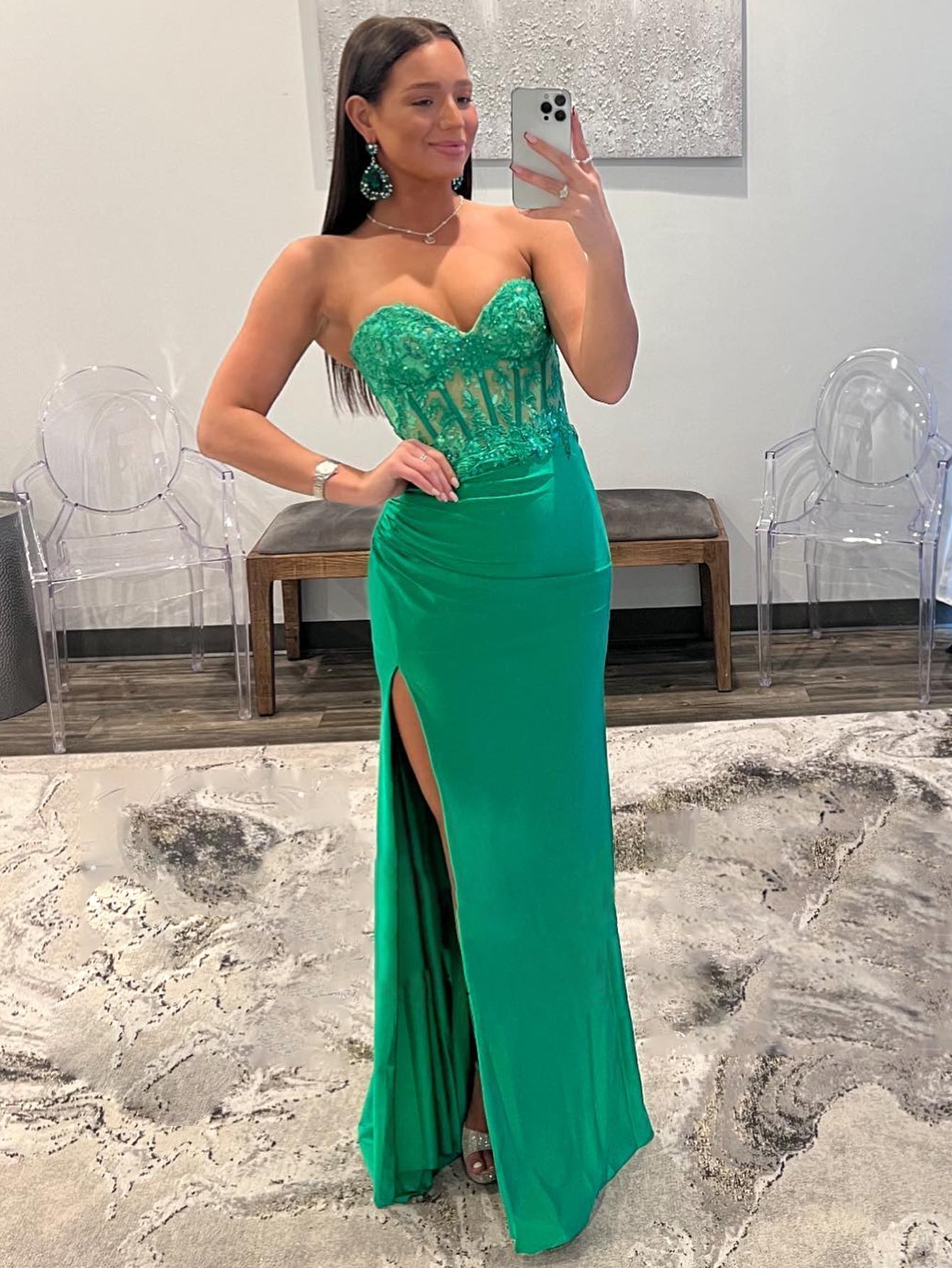 Long Corset Lace Green Prom Dress Sweetheart Applique with Slit Green / US2 Long Corset Lace Green Prom Dress Sweetheart Applique with Slit Green / US2