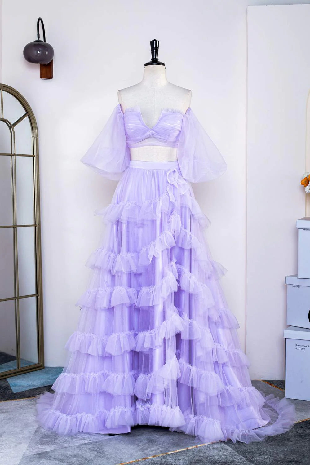 lavender 2 piece prom dress A Line Halter Neck Two Pieces Backless Lace Lavender Prom Dresses, Lavender Lace Formal Dresses, Two Pieces Lace Lavender Evening Dresses