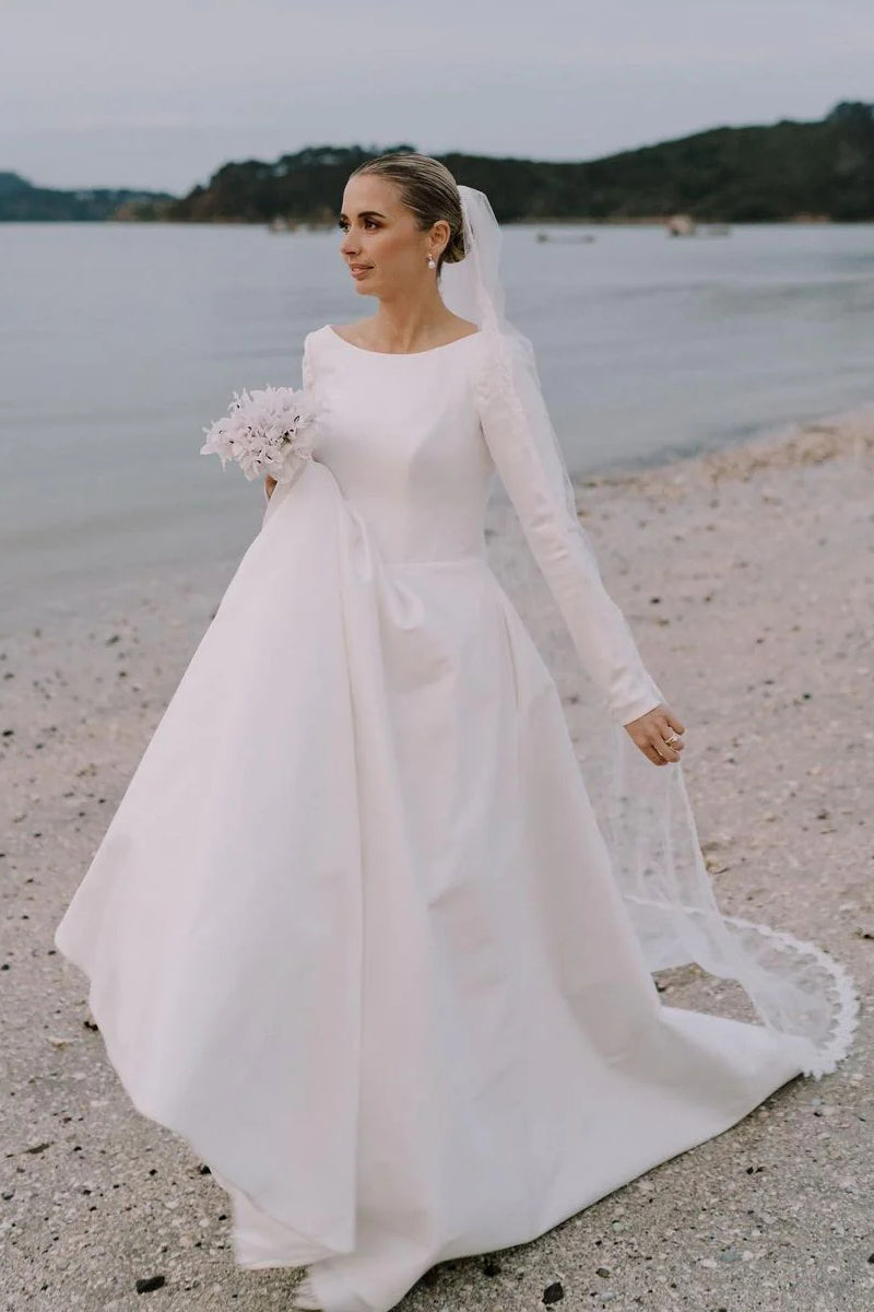 A-Line Beach Satin Modest Wedding Dresses Long Sleeves Jewel