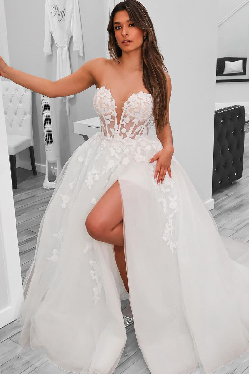 Sweetheart A-line Tulle Wedding Dresses, Strapless Elegant Beach Wedding Dresses