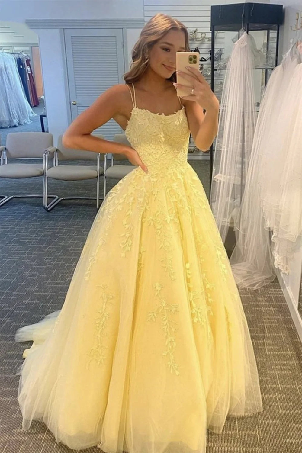 A Line Floor Length Lace Pastel Yellow Prom Dresses Spaghetti Straps Yellow / US4 A Line Floor Length Lace Pastel Yellow Prom Dresses Spaghetti Straps Yellow / US4