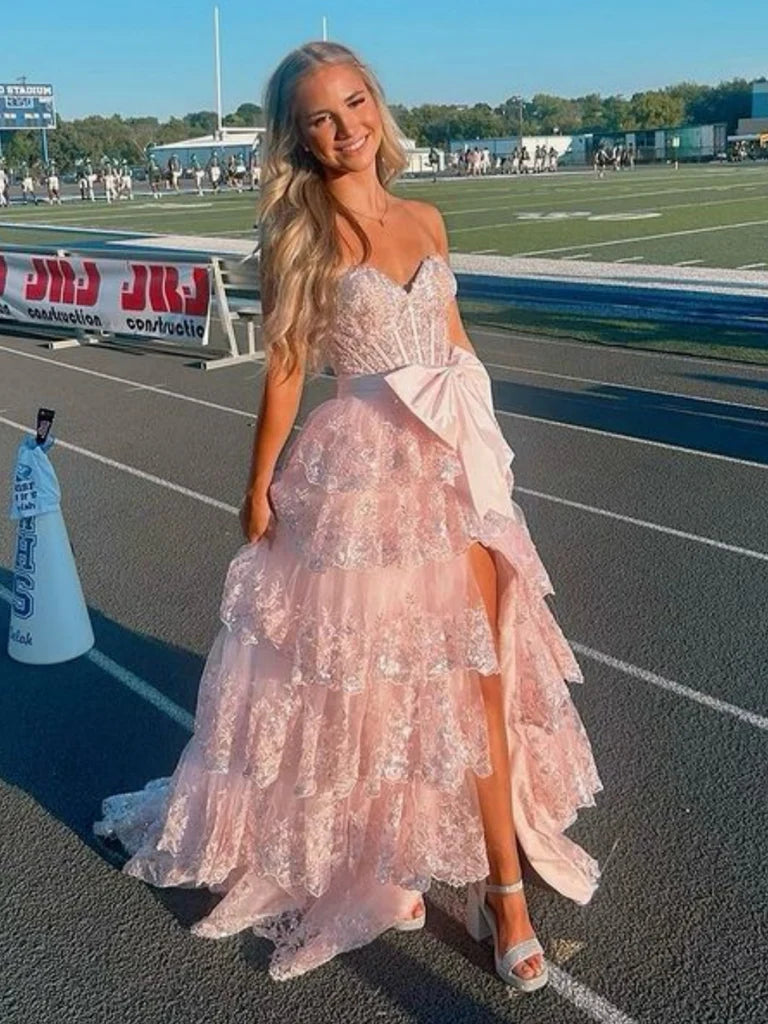 A Line Layered Pink Prom Dresses Lace V Neck with Bow Blue / US16 A Line Layered Pink Prom Dresses Lace V Neck with Bow Blue / US16