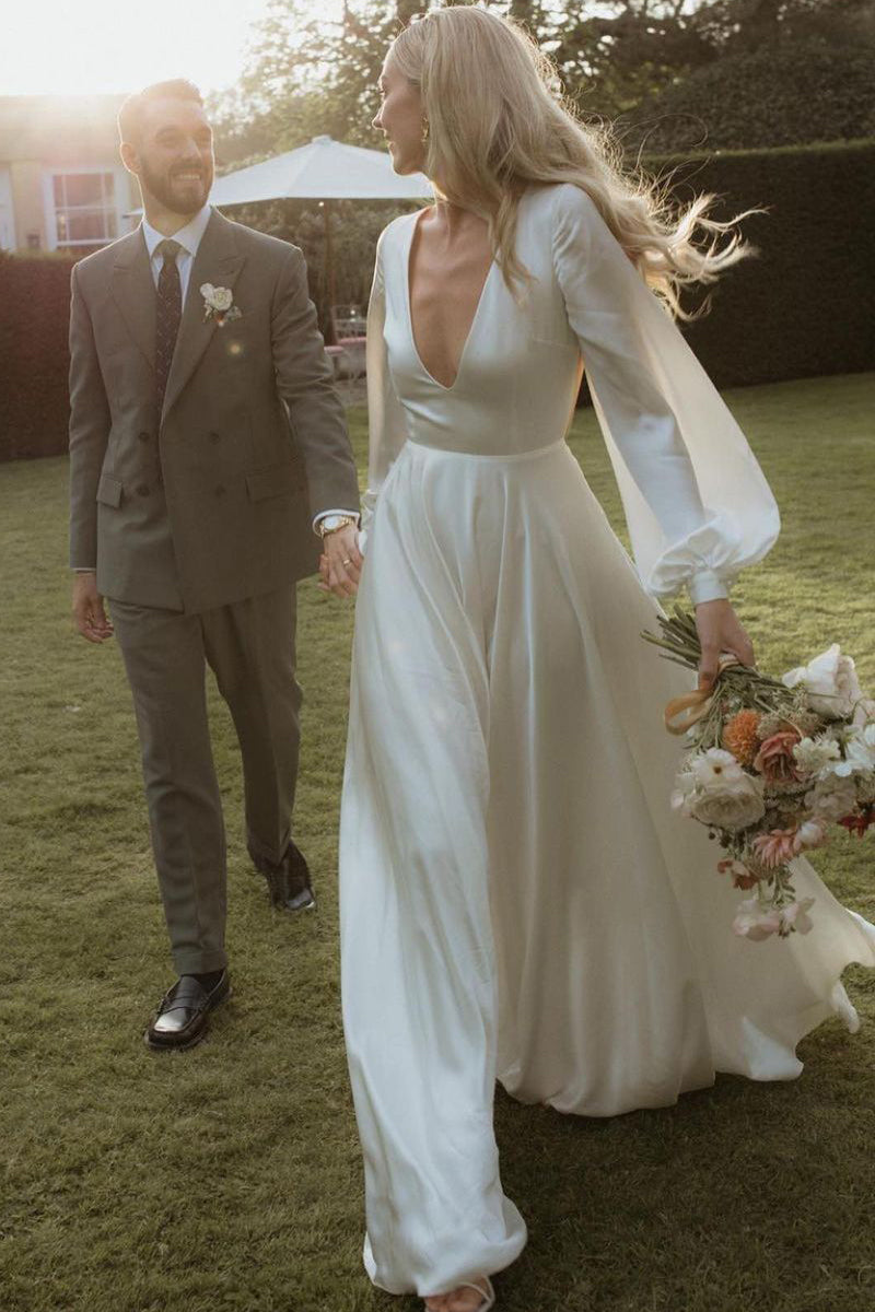 A-Line Long Sleeves Satin Wedding Dresses Deep V Neck A-Line Long Sleeves Satin Wedding Dresses Deep V Neck
