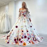 A Line Puff Sleeves Beach Wedding Dresses 3D Florals Off Shoulder