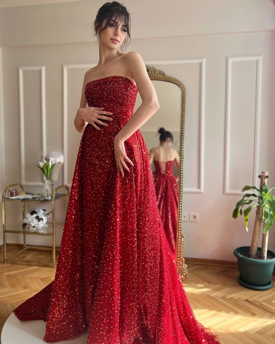 A Line Strapless Red Sequin Prom Dress Long Evneing Gown UK Custom Color / US6 A Line Strapless Red Sequin Prom Dress Long Evneing Gown UK Custom Color / US6