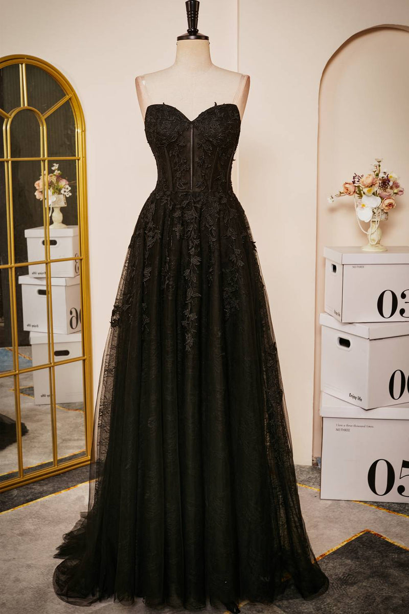 Black Strapless Tulle Lace Long Prom Dress, Black A-Line Sweetheart Neck Evening Party Dress US 12 / Custom Color Black Strapless Tulle Lace Long Prom Dress, Black A-Line Sweetheart Neck Evening Party Dress US 12 / Custom Color
