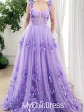 A Line Tulle Floral Lilac Prom Dresses Near Me Straps Sleeveless Mychicdress
