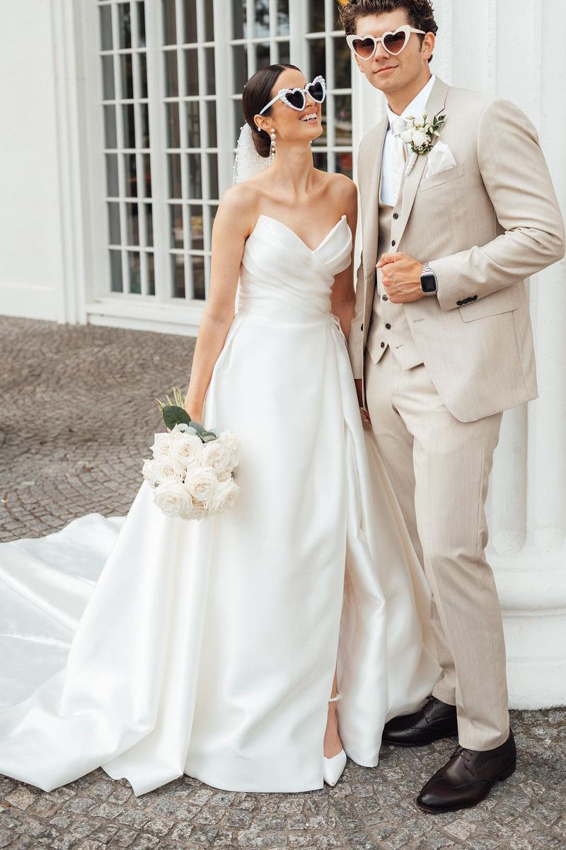 A-Line White Minimalist Wedding Dresses Satin Strapless V Neck MyChicDress A-Line White Minimalist Wedding Dresses Satin Strapless V Neck MyChicDress