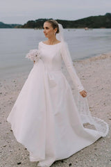 A-Line Beach Satin Wedding Dresses Long Sleeves Jewel Neckline