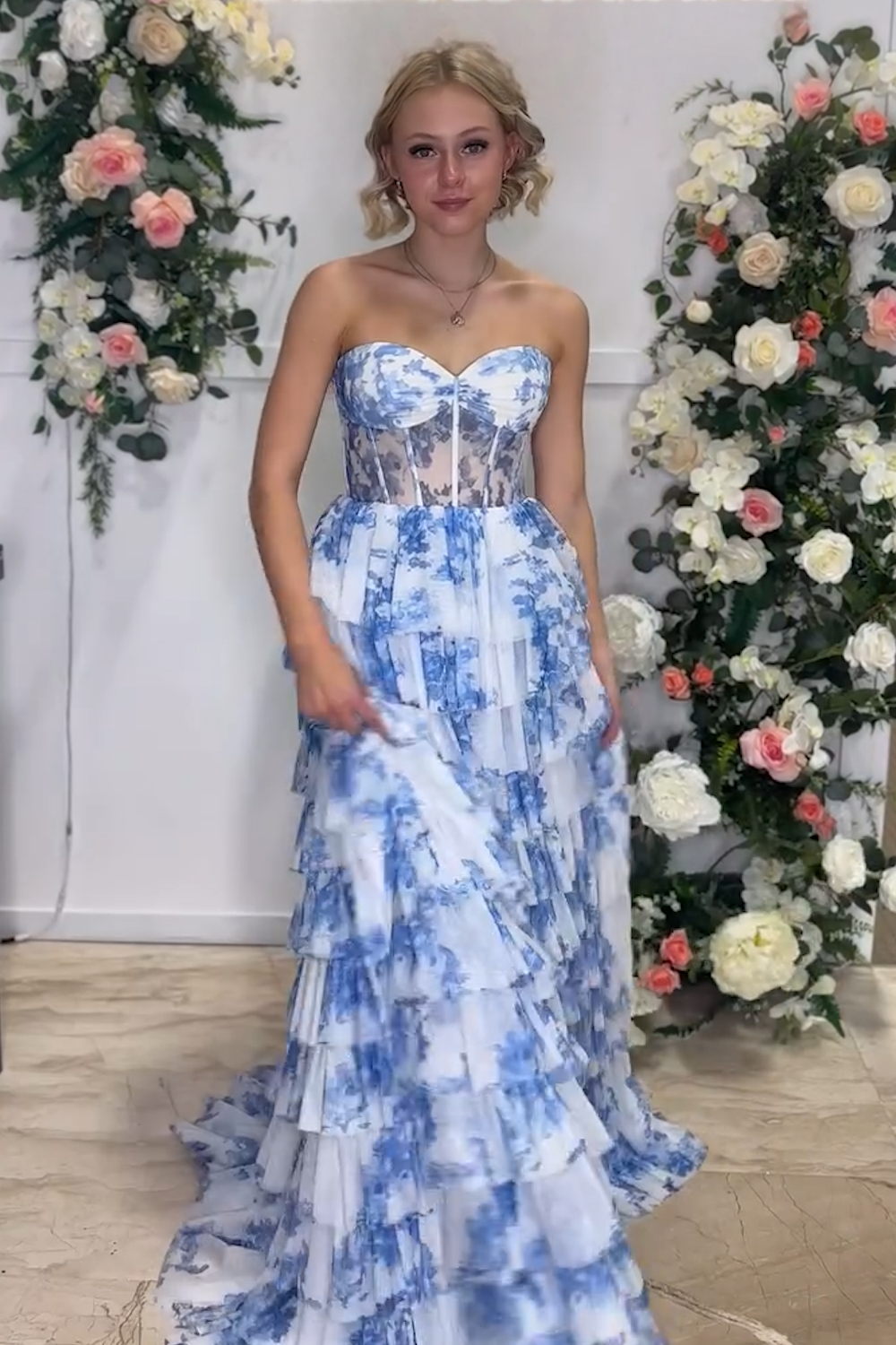 Blue And White Floral Print Prom Dress A-Line Blue Floral Prom