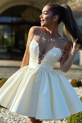 A-Line Ivory Short Homecoming Dress Pearls Illusion Hoco Dresses