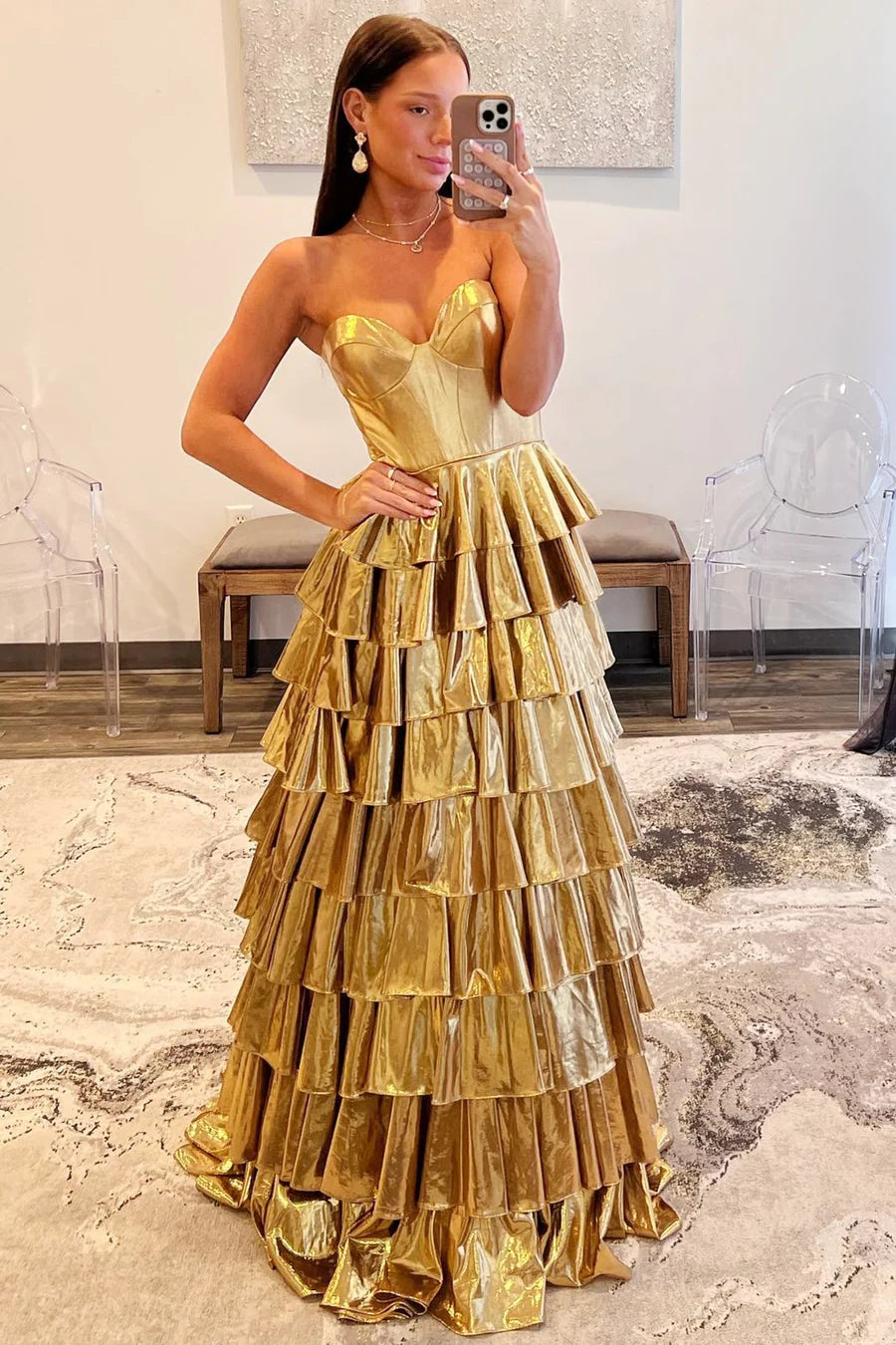 A-Line Metallic Gold Prom Dress Tiered Ruffle Sweetheart – MyChicDress
