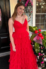 A-Line Red Layers Prom Dress Plunging V Neck Long Evening Dress