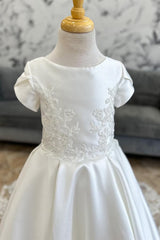 A-Line Satin Embroidery Flower Girl Dress Lace-Up Back Sweep Train