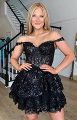 A-Line Short BLack Prom Dress Sheer Corset Bodice Homecoming dress