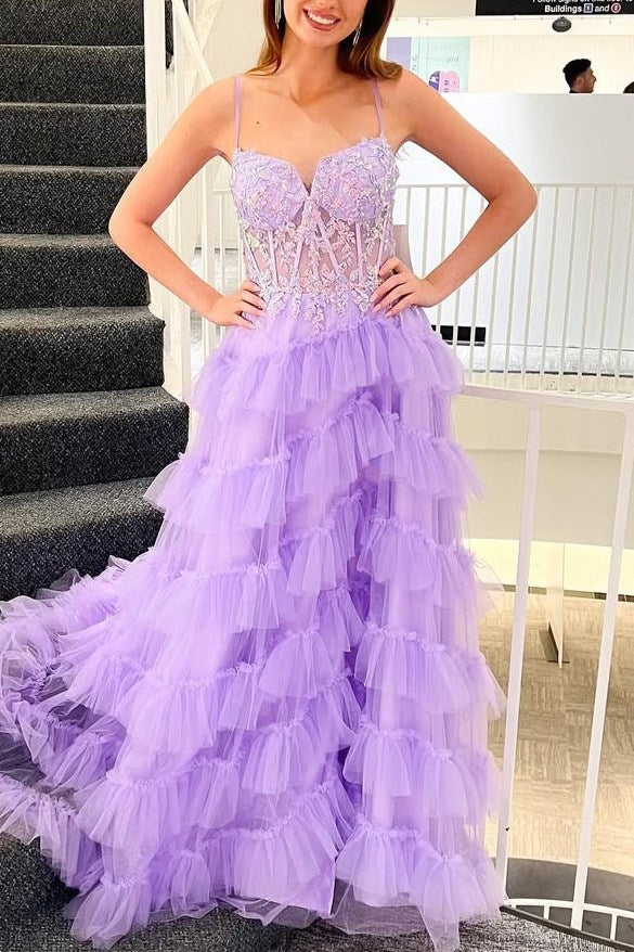 A-Line Tiered Lilac Puffy Prom Dresses Layered Tulle Spaghetti Straps – MyChicDress