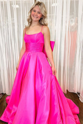 A-Line Fuchsia Satin Prom Dresses Straps Scoop Neck with Bow Mychicdress