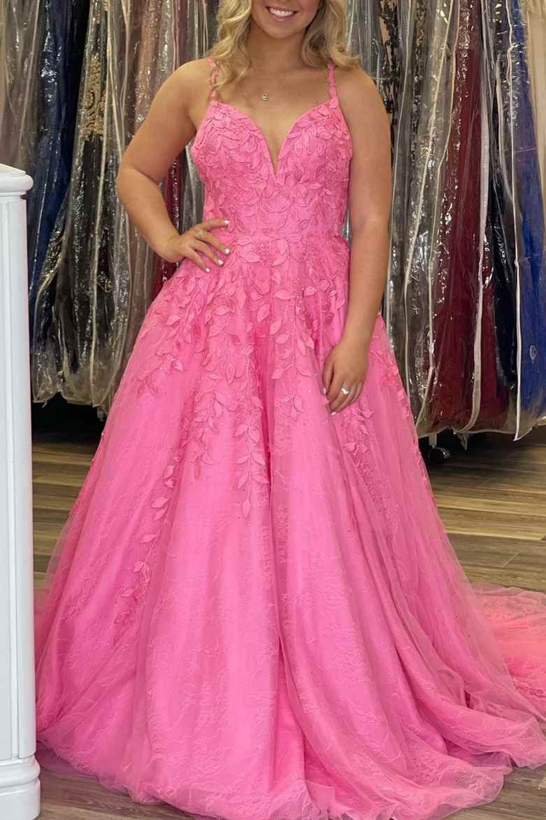 Mermaid Prom Dress With Evening Gown Neon Pink Plus Size Dress A-Line Pink Lace Evening Dresses Appliques V Neck Prom Dress US14 Custom Color