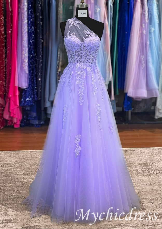 A-line 2025 Lavender Long Prom Dresses One Shoulder Lace Formal Gown Custom Color / US4 A-line 2025 Lavender Long Prom Dresses One Shoulder Lace Formal Gown Custom Color / US4