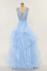 A-line Long Layers Lace Prom Dresses Light Blue Beaded Appliques