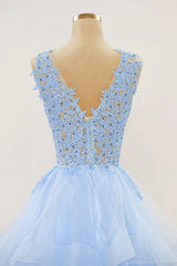 A-line Long Layers Lace Prom Dresses Light Blue Beaded Appliques